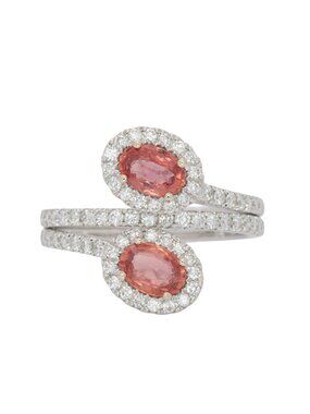 Natural Padparadscha Sapphire Double Stone Ring with Diamond Accents in 14K Gold